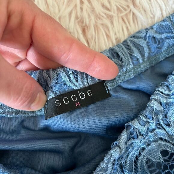 Scobe Blue Lace Stretch Skater Mini Skirt Lined Elastic Waist sz M Boho - Picture 5 of 7